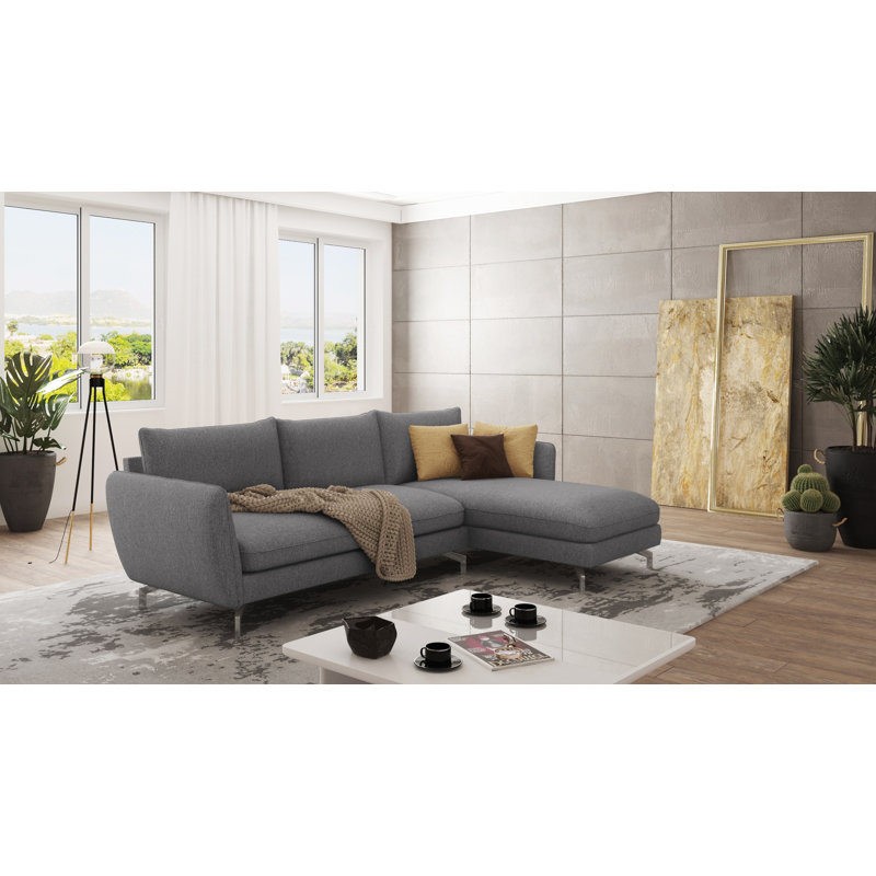 Modern L-Shape Corner Sofa Kimo with Silver Metal Legs, Right Hand Facing, Grey