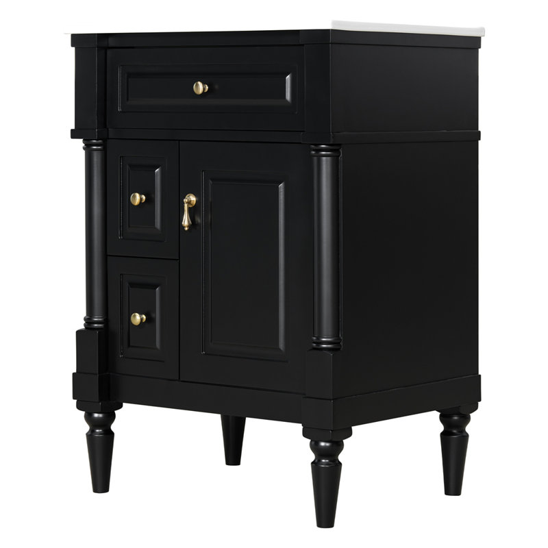 Meuble-lavabo de 24 po avec lavabo, armoire de salle de bain autoportante avec tiroir rabattable, tablette réglable, structure en bois d'hévéa massif, panneaux de fibres à densité moyenne et poignées en métal