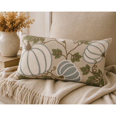  Harvest Pumpkins And Vines Crewel Embroidered Fall Pillow, 12 By 20-Inch