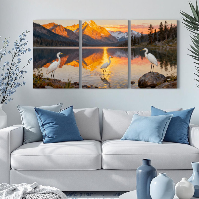 Ensemble de 3 toiles murales « Aigrette et coucher de soleil sur un lac de montagne »., H 30 po x l 60 po