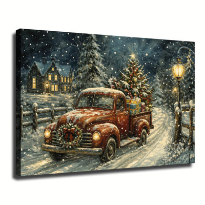 Vintage Red Pickup Truck With Christmas Tree And Gifts On Snowy Country Road, Winter Holiday Painting, Canvas Wall Art