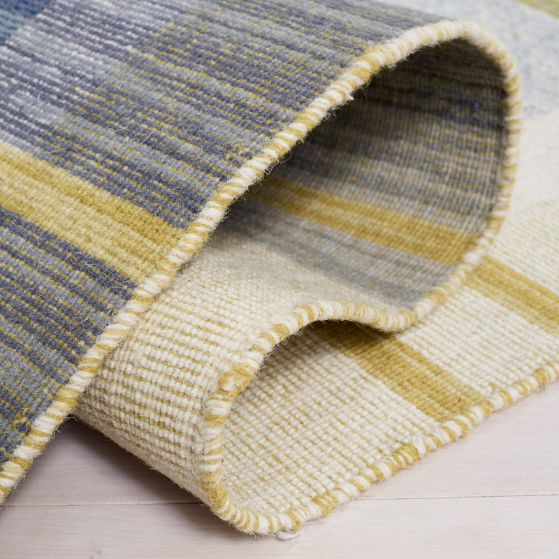 Anjail Flat Weave Wool/Cotton Plaid Rug in Teal/Beige, Rectangle 4' x 6'