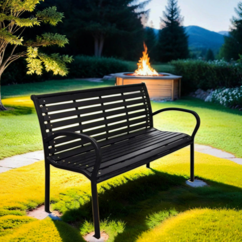 Banc de patio en acier noir et WPC