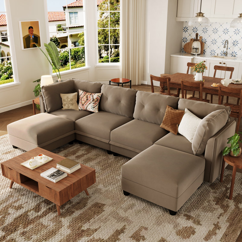 Zendejas 6 - Piece Modular U-Shape Sectional Sofa with Ottoman, Camel Velvet