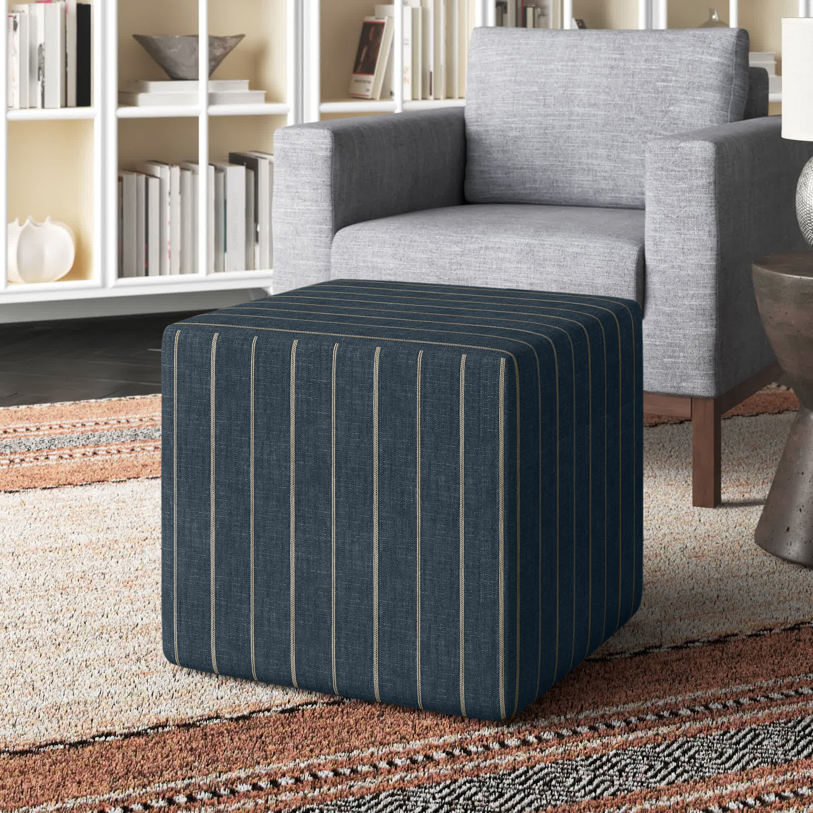 Era Upholstered Ottoman, Fritz Indigo Stripe