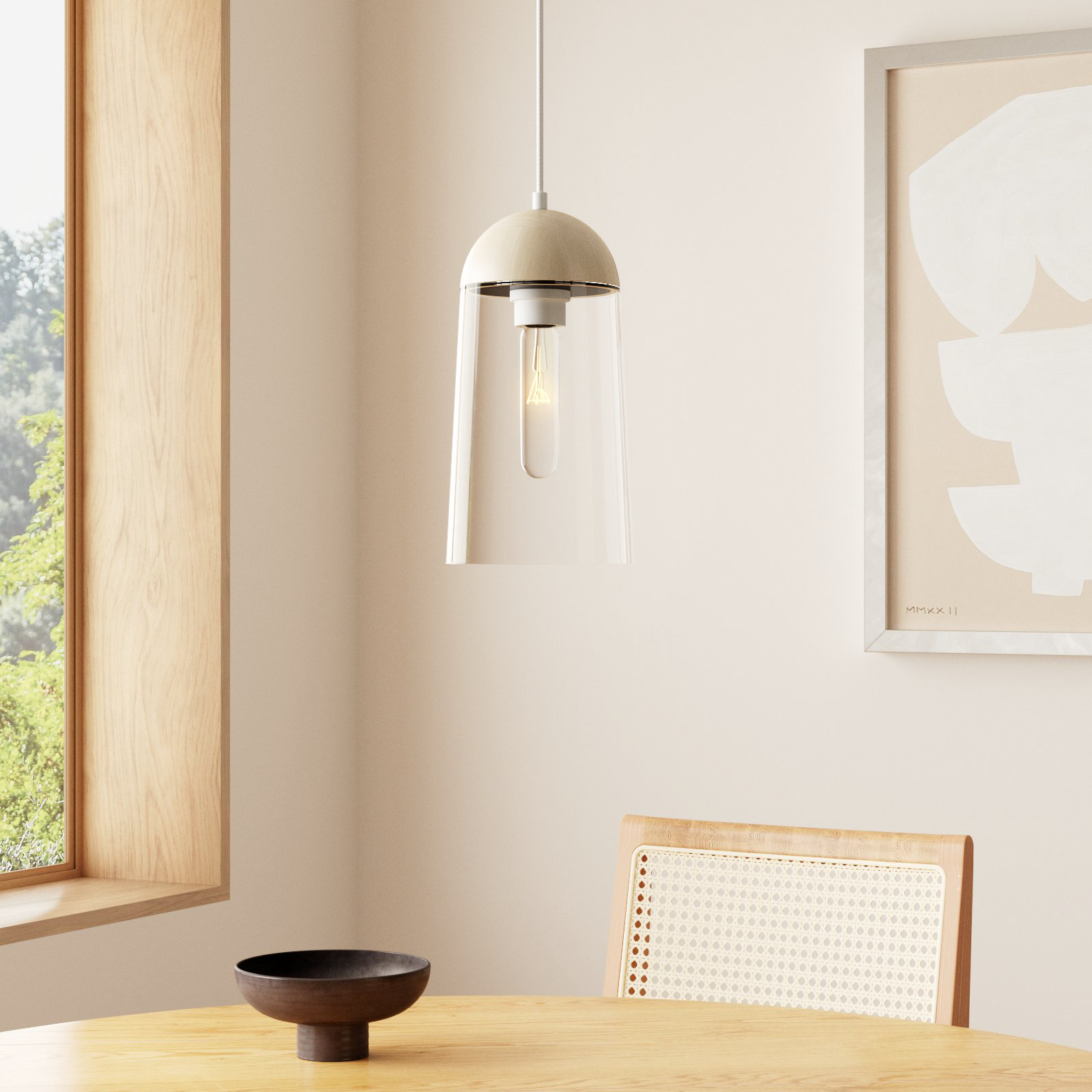 Tabitha Single Light Clear Glass Dimmable Pendant, White/White Oak, White Oak