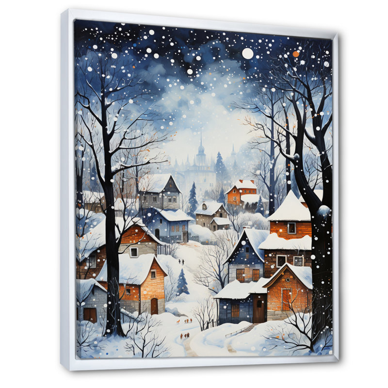 Harmony of Winter Village IV - Décoration murale paysage d'hiver, H 40 po x l 30 po x P 1,5 po, Cadre flottant blanc