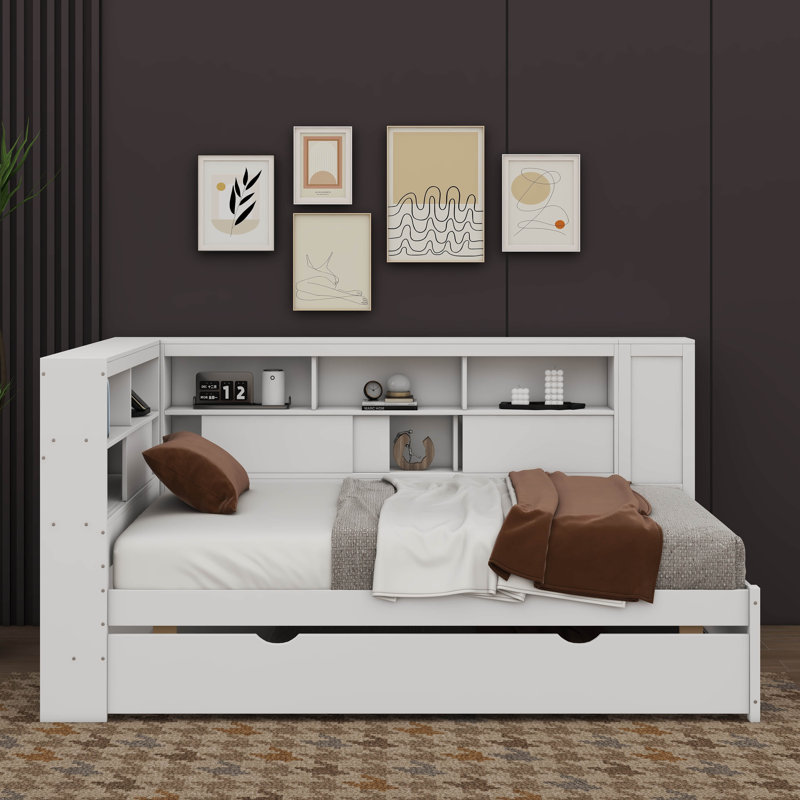 Lit de jour en bois polyvalent avec étagères de chargement USB et gigogne extensible, Blanc