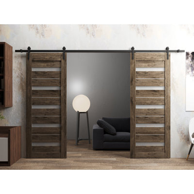 Sturdy Double Barn Door | Quadro 4445 Cognac Oak With Frosted Glass | 13FT Rail Hangers Heavy Set