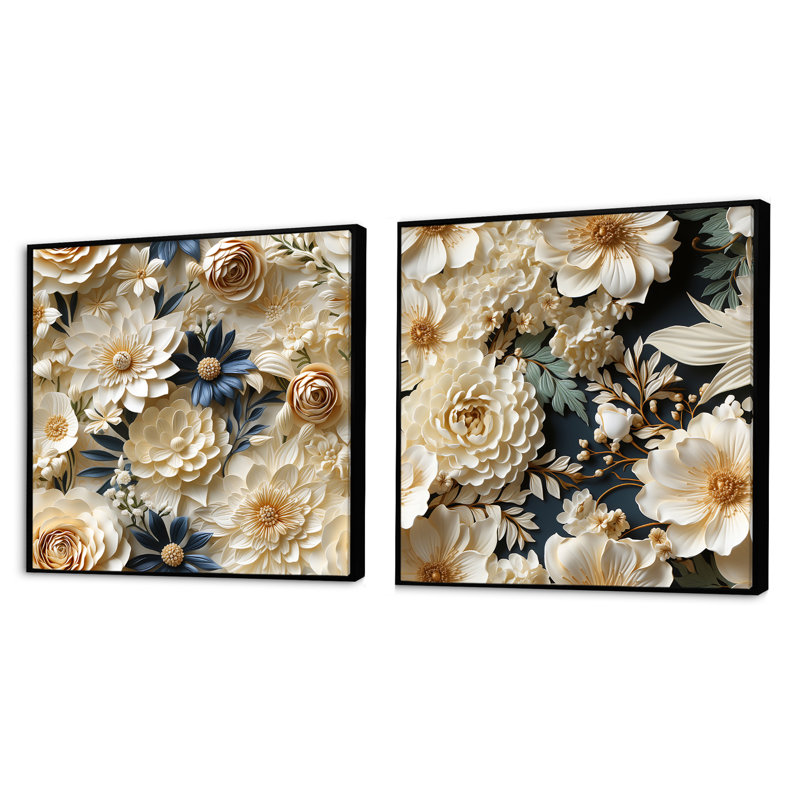 Laniel - Ensemble de 2 collages floraux carrés, Cadre flottant noir, H 36 po x l 73 po
