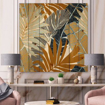 Palmier abstrait tropical et feuilles de bananier - impression moderne sur bois de pin naturel