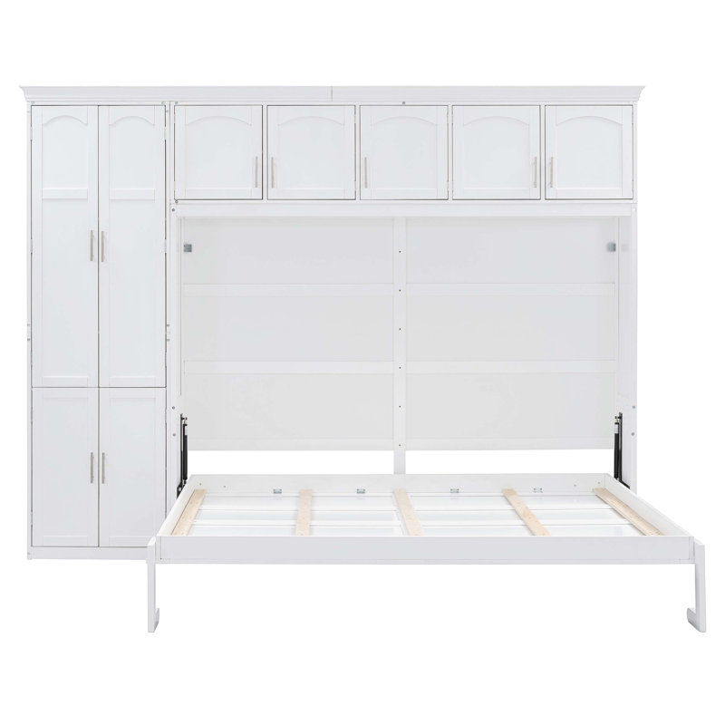 Grand lit escamotable avec armoires de rangement et tablettes, Blanc
