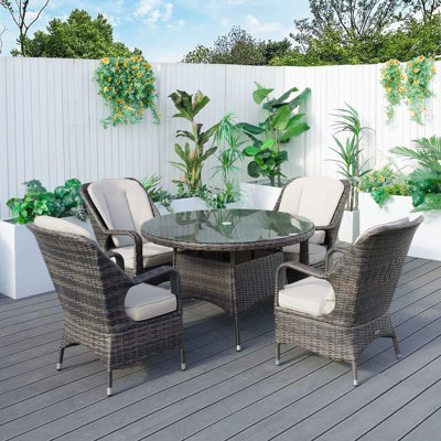 Abrihome 5-piece Outdoor Dining Set With Round Table In Pe Wicker And Cushions