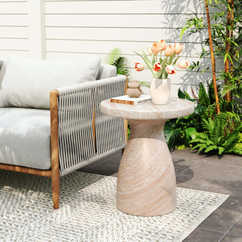 Outdoor/Indoor Travertine Lightweight Concrete Side Table, Amber