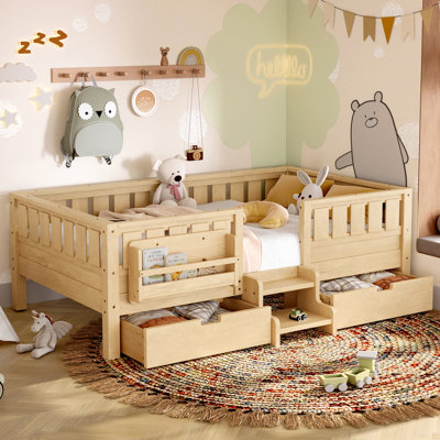 Lit mezzanine simple pour enfants avec tablettes intégrées, tiroirs de rangement, escalier de sécurité et rails durables, naturel clair