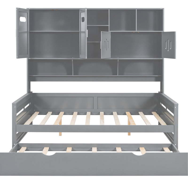 Lit de jour double en bois pleine grandeur avec lit gigogne et tablette d'armoire, gris, Lit double, Gris
