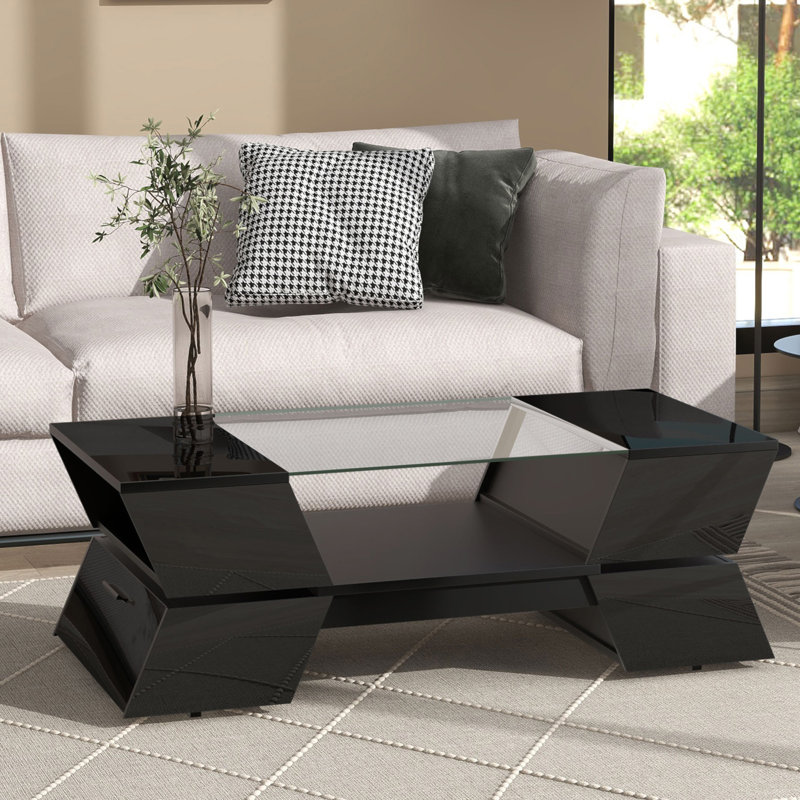Coffee Table with Open Shelves and Cabinets, Geometric Style Cocktail Table , White, Black, Black