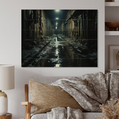 Tunnel Shadowed Pathway Muted - Architecture Print on Natural Pine Wood