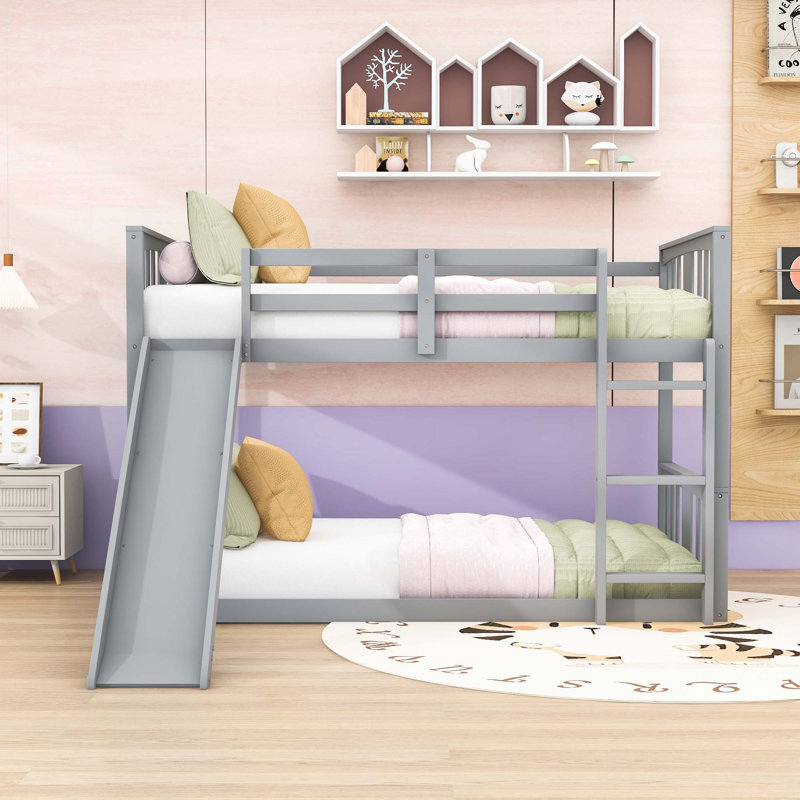 Twin Over Twin Bunk Bed With Slide, Full-Length Guardrail, Gray