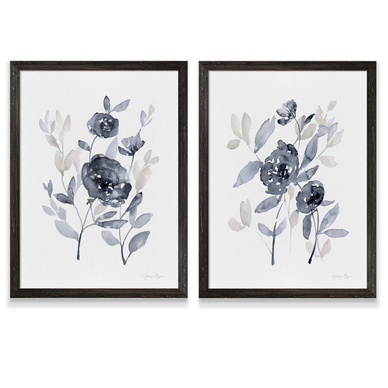 Pivoines en gris - ensemble de 2 reproductions d'art encadrées, H 20 po x l 16 po, Toile encadrée, Ébène
