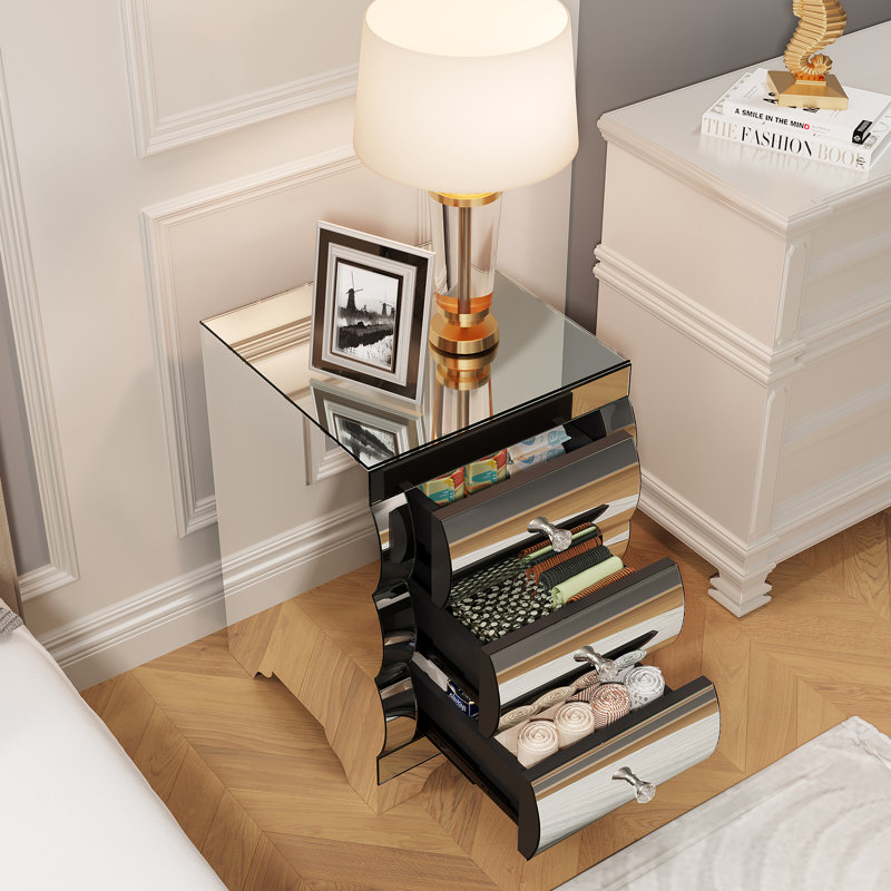 Baked Curved Mirror Nightstand With 3 Drawer Glass Bedside Table Chest Of Drawers For Bedroom Small Spaces End Table For Living Room Fashion Bedroom Furniture Silver