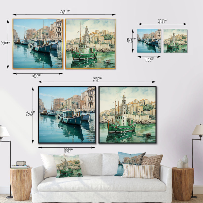 Vieux port dans le sud de la France - ensemble de 2 collages carrés, Toile tendue, H 36 po x l 73 po