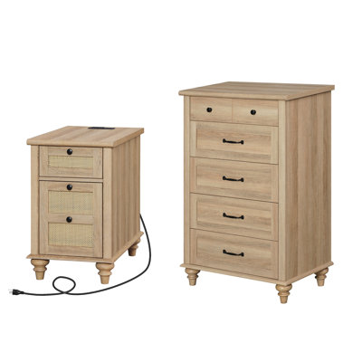 Ensemble de commode et table de chevet 2 pièces, une commode à 5 tiroirs et une table de chevet en rotin, chêne