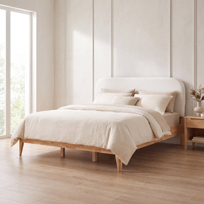 Nuvia Solid Wood Platform KING Bed with Upholstery Curved Headboard