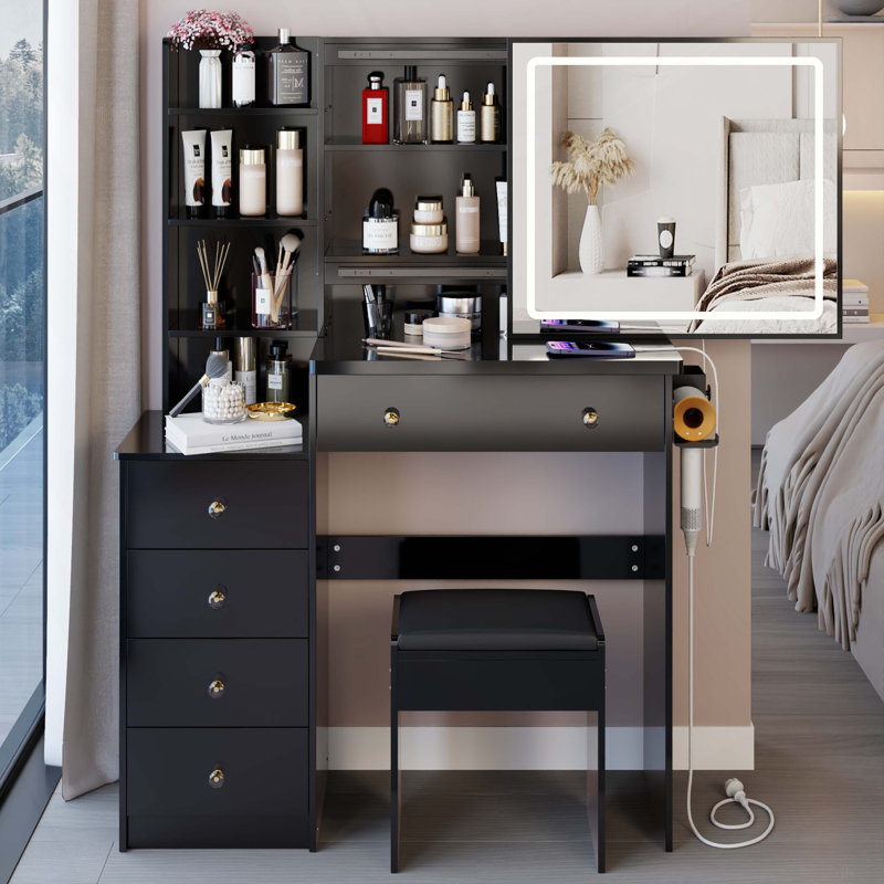 37" Middle Size Left Bedside Cabinet Vanity Table   Cushioned Stool Dresser Set, 2 AC 2 USB Socket, Hair Dryer Stand, Large Touch Control LED Sliding Mirror, 3-Color Switch