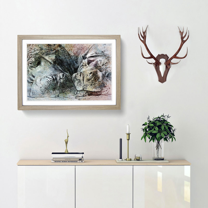 Pair of Sleeping Hippos in Abstract - Picture Frame Graphic Art Print, Oak Framed, 36cm H x 48cm W x 2cm D
