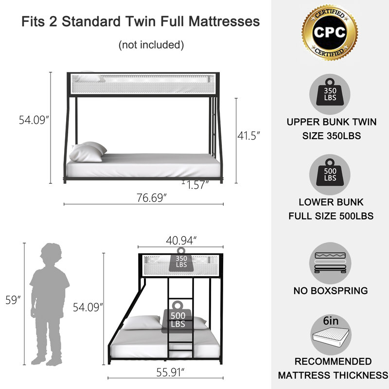Twin Over Full Bunk Bed Metal with White Mesh Guardrail – Kids & Adults, Low Profile, Sturdy Ladder
