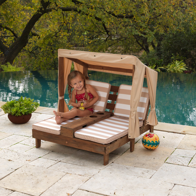 Kids' Wooden Outdoor Double Chaise Lounger with Cup Holders