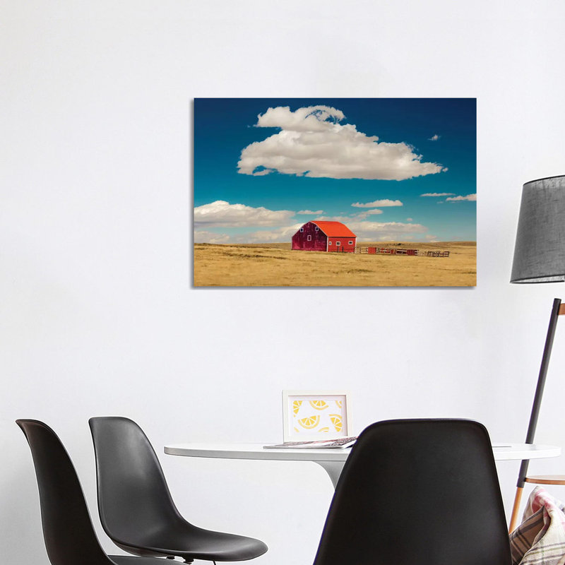 Oklahoma, USA Red Barn in Field with Puffy Clouds in Remote Oklahoma 1 Piece Wrapped Canvas Wall Art