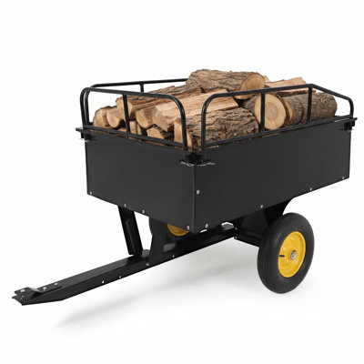 ATV UTV Dump Trailer 750 lbs Load Capacity 15 Cu Ft, Heavy Duty Tow Behind Garden Cart with Reinforced Steel Side Panels, Pneumatic Tires & Quick Dump Function for Lawn Tractor Farm Hauling，Yellow wheels