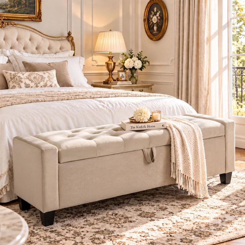 Velvet Upholstered Bench, Light Taupe
