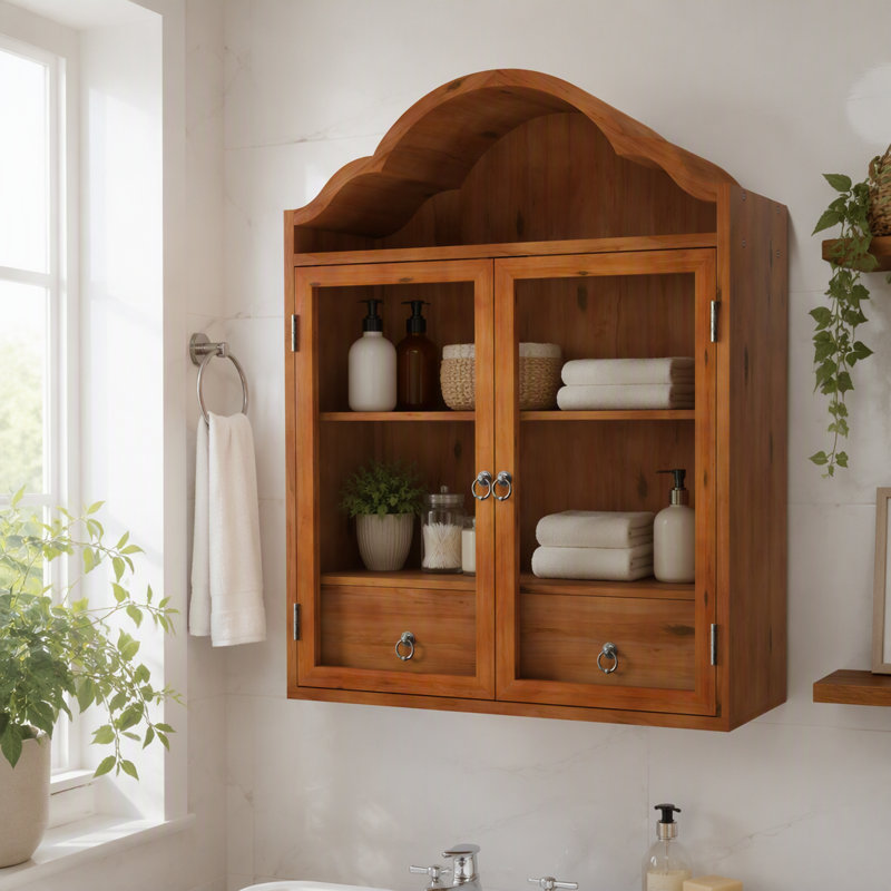 Solid Wood Wall Cabinet with Elegant Wave, Brown