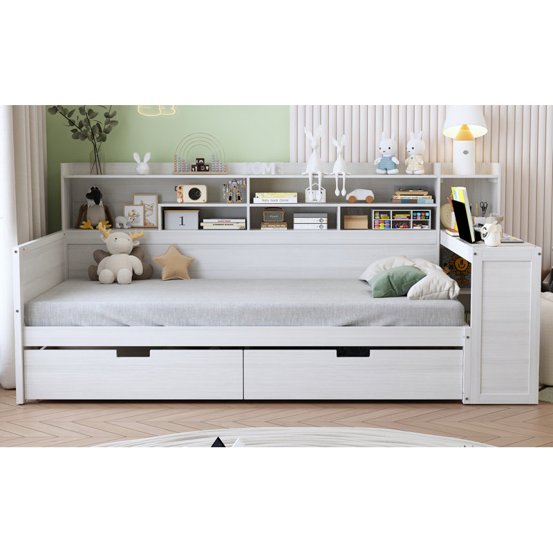 Lit de jour en bois avec tablettes de rangement, lit multifonctionnel avec deux tiroirs de rangement et bureau d'étude, Blanc