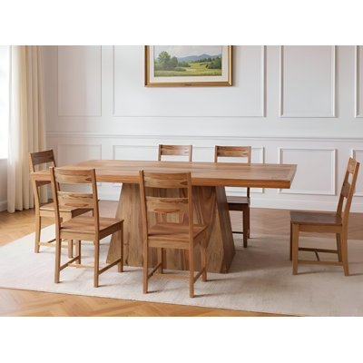 Seven Piece Dark Brown Solid Wood Dining Set with Six Chairs