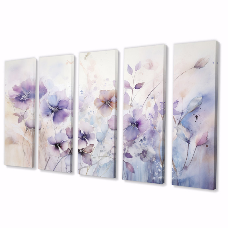 «Mauve mystique Blooms III», reproduction sur toile botanique abstraite - 5 panneaux égaux