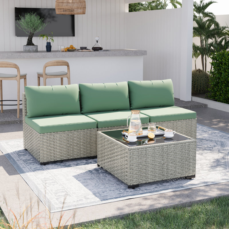3-Person Outdoor Wicker Sofa Set With Cushion, Green, Gray