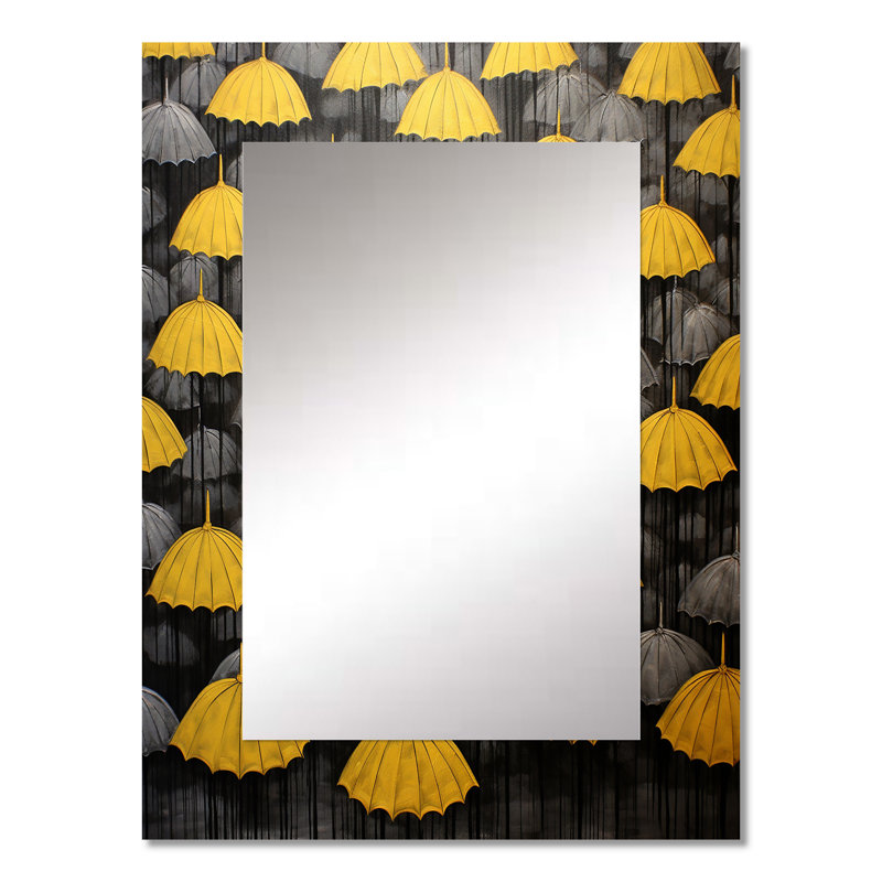Ciel de parapluies jaunes et gris Tranquility I - miroir mural décoratif traditionnel, art imprimé en métal, 32 po x 24 po