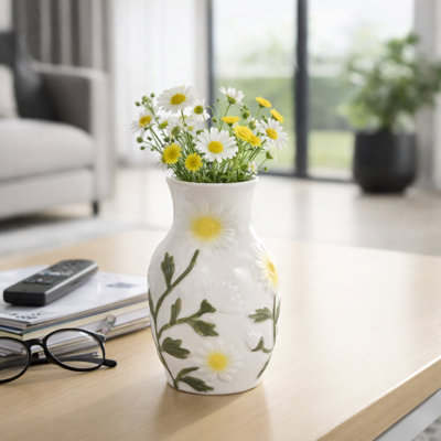 Vase en céramique embossé à motif de marguerites en céramique pour décoration intérieure et de table - Grands vases décoratifs pour tablettes et centres de table - 8 po, jaune et blanc