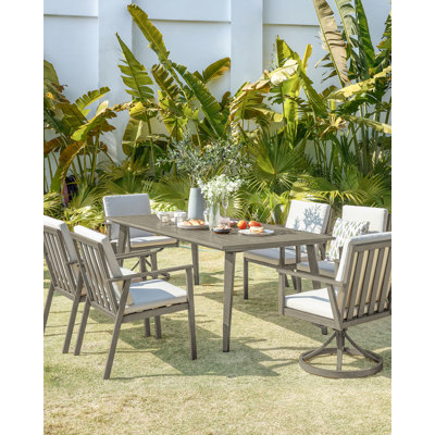 Ensemble de salle à manger 7 pièces pour 6 personnes, ensemble de salle à manger pivotant en aluminium avec trou pour parasol 2,2 po, ensemble de mobilier de jardin extérieur avec 2 chaises pivotantes pour terrasse, jardin, piscine, cour arrière, ch?
