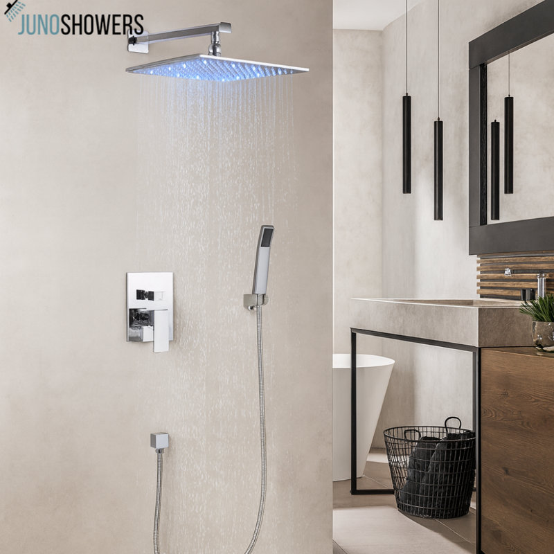 Système de douche à finition chromée 12 pouces avec valve thermostatique et douchette à main confortable