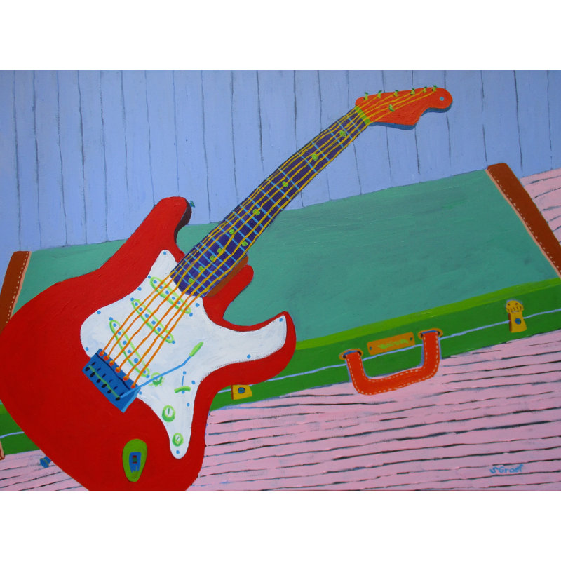Guitare par Sue Graef - Peinture, Papier avec cadre noir, 24" H x 30" W