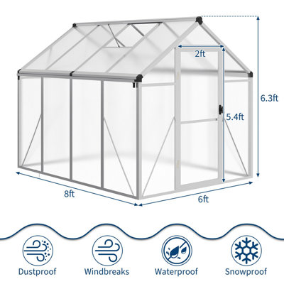 Serre 6 x 8 pi - Panneaux en polycarbonate, cadre en aluminium, porte verrouillable et évent de toit réglable pour la cour, le patio et le jardin