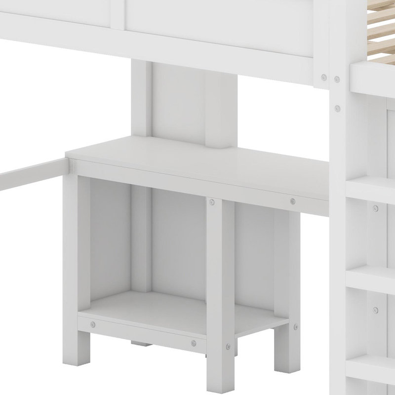 Lit mezzanine moderne avec garde-robe, bureau et tête de lit avec connectivité USB, Blanc