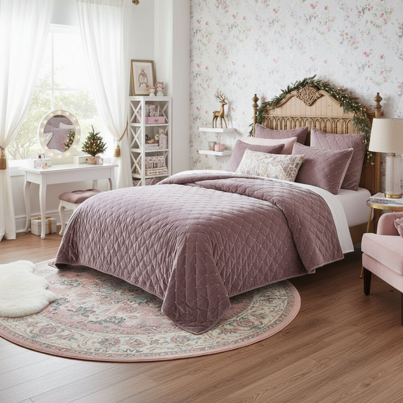 Ensemble de courtepointe Velvety Dreams, Courtepointe grand + 2 couvre-oreillers standard, Mauve