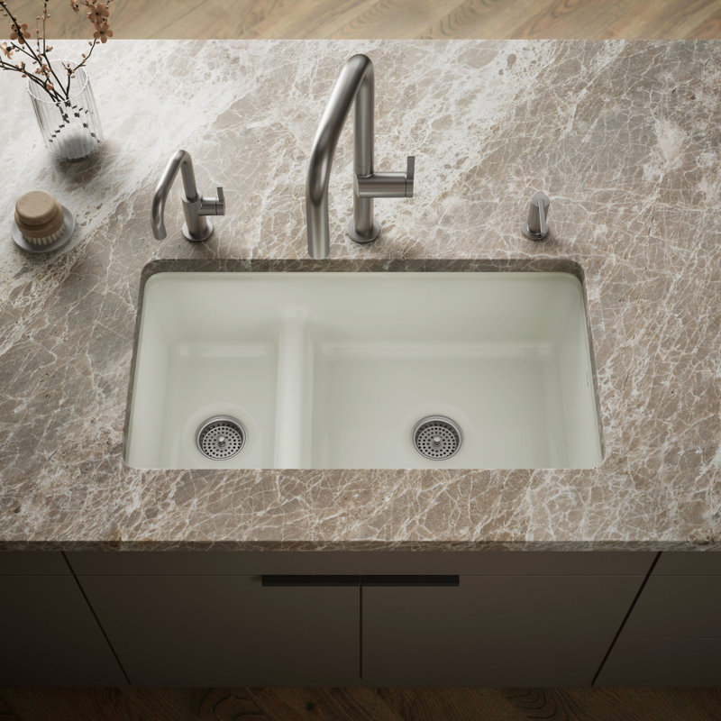 Iron Tones 33" L x 18.75" W Large/Medium Double-Bowl Kitchen Sink, Almond
