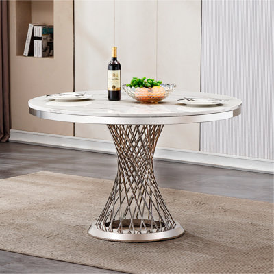 Table de salle à manger ronde en marbre de 47 po, table de cuisine moderne avec plateau en faux marbre ultrabrillant et base en acier inoxydable pour la salle à manger et la cuisine